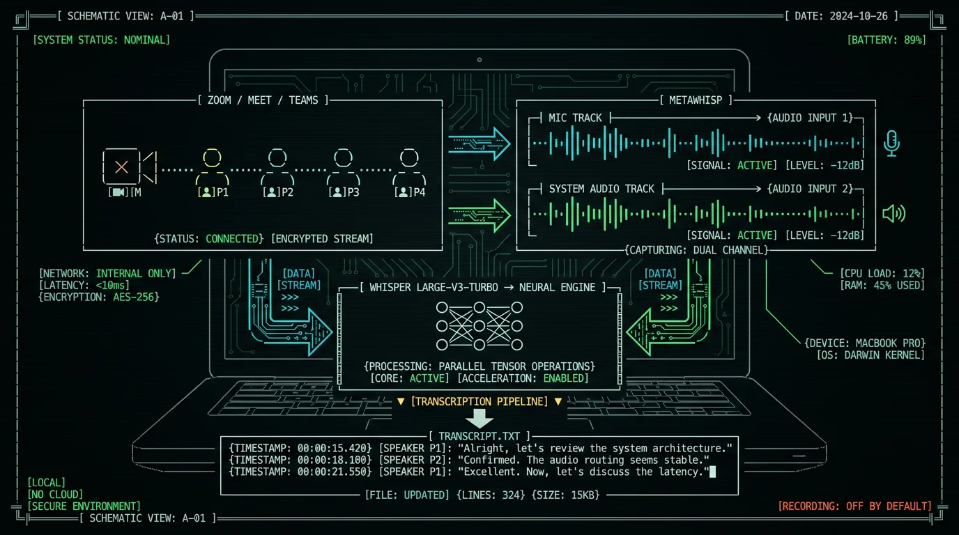 Schematic diagram of an on-device AI meeting copilot workflow on MacBook showing two-track audio capture and local Whisper transcription