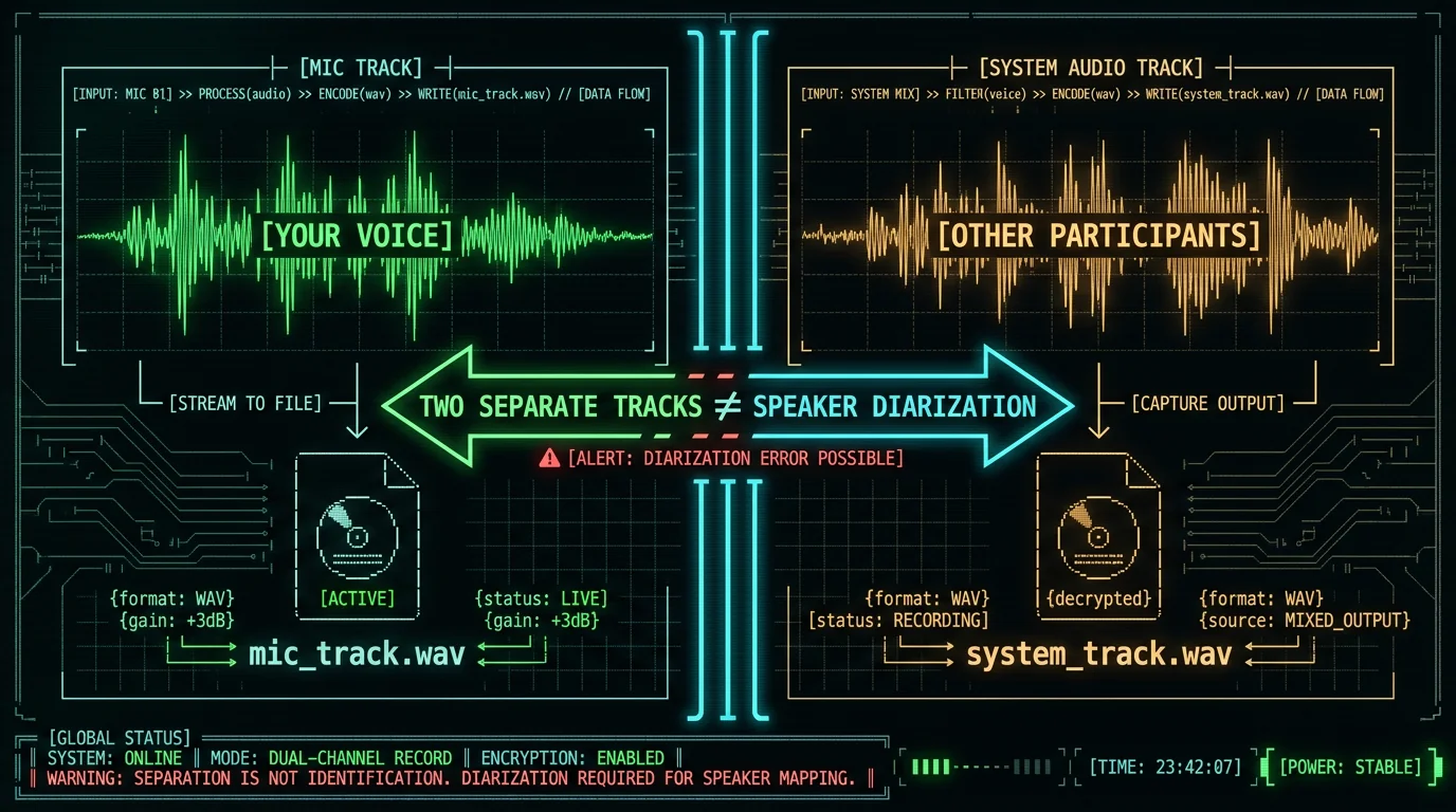 Two-track audio capture diagram showing mic and system audio as separate files, not speaker diarization