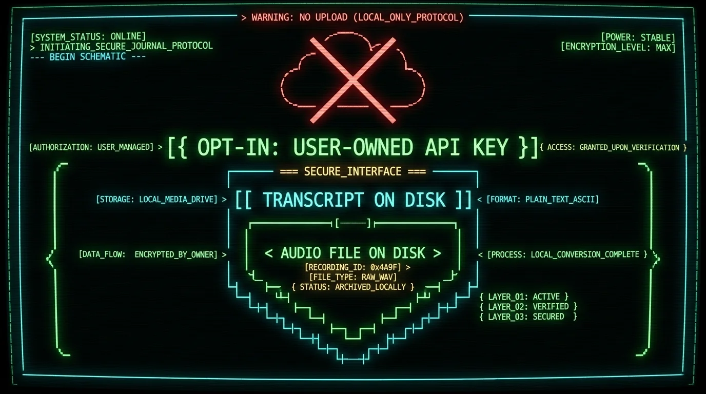 Privacy layers for an audio journal: audio and transcript stored locally with no third-party upload