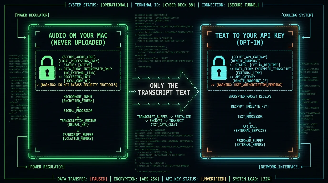 BYOK Rewrite mode showing audio stays local while only transcript text is sent to user's own API key