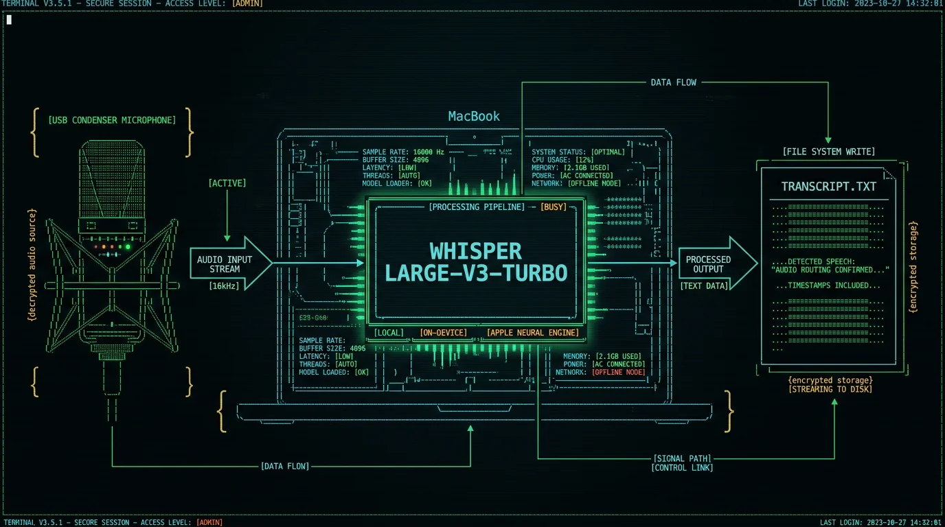Schematic showing USB microphone connected to MacBook running Whisper large-v3-turbo on the Neural Engine for local voice transcription