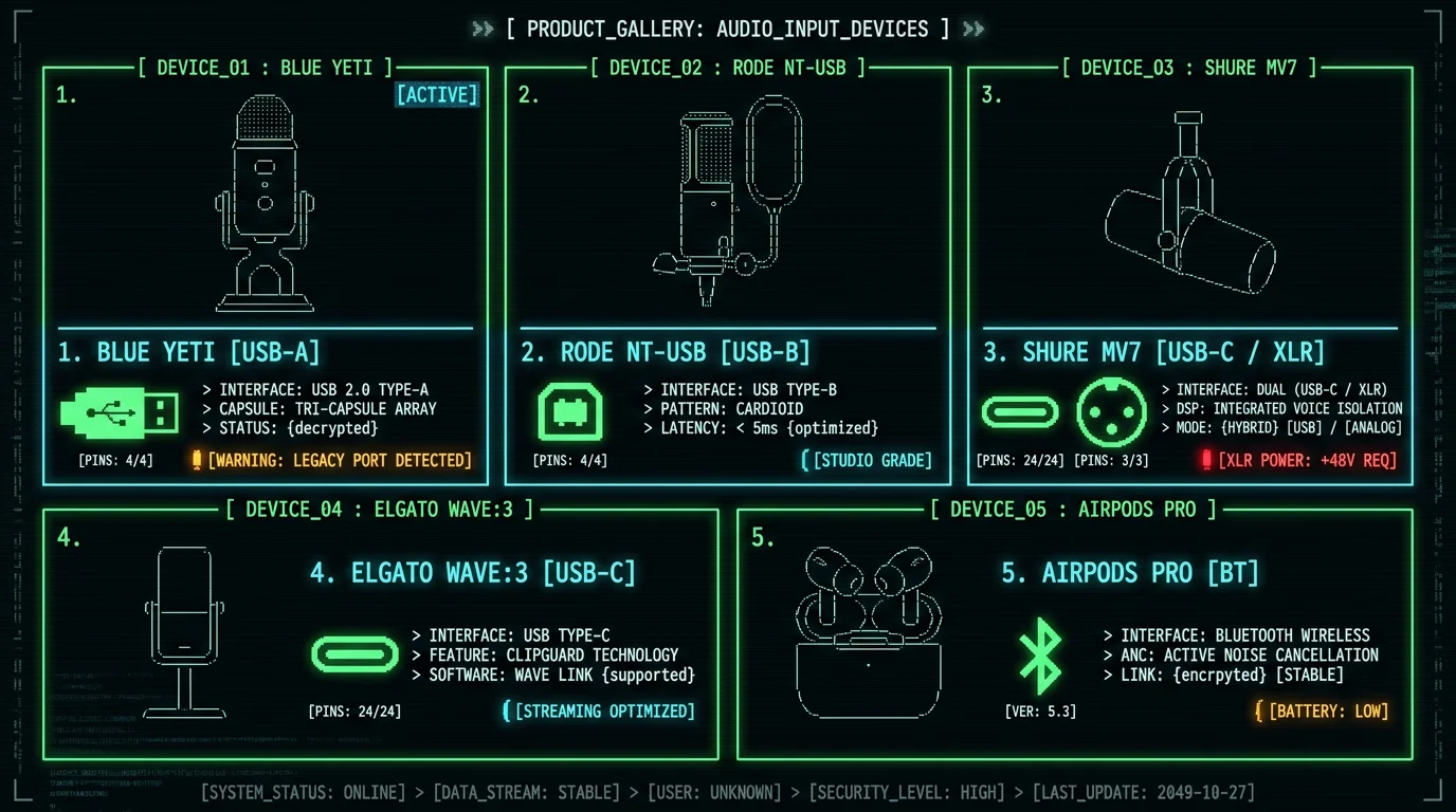 Five microphones for Whisper transcription on MacBook shown as labeled product gallery with connection types