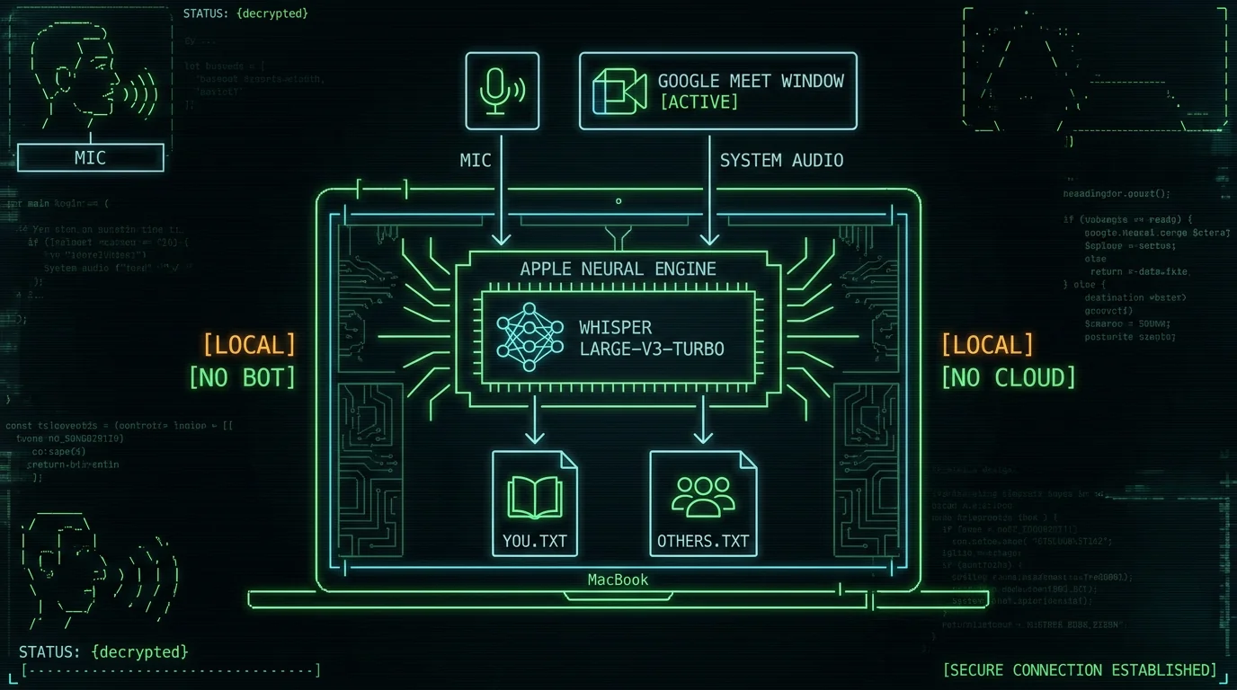 Schematic showing Google Meet recording and on-device transcription on Mac with two separate audio tracks