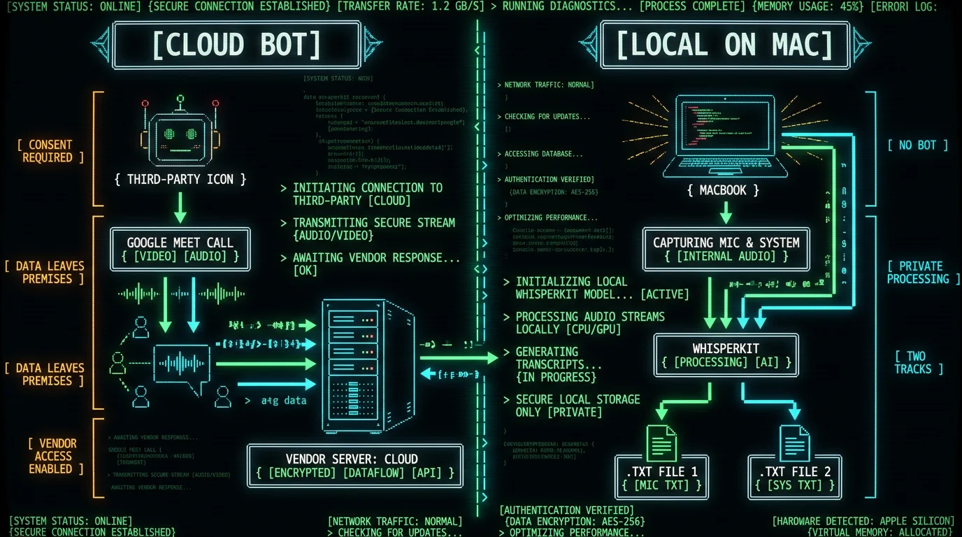Comparison diagram of cloud bot versus local Google Meet transcription on Mac without a bot