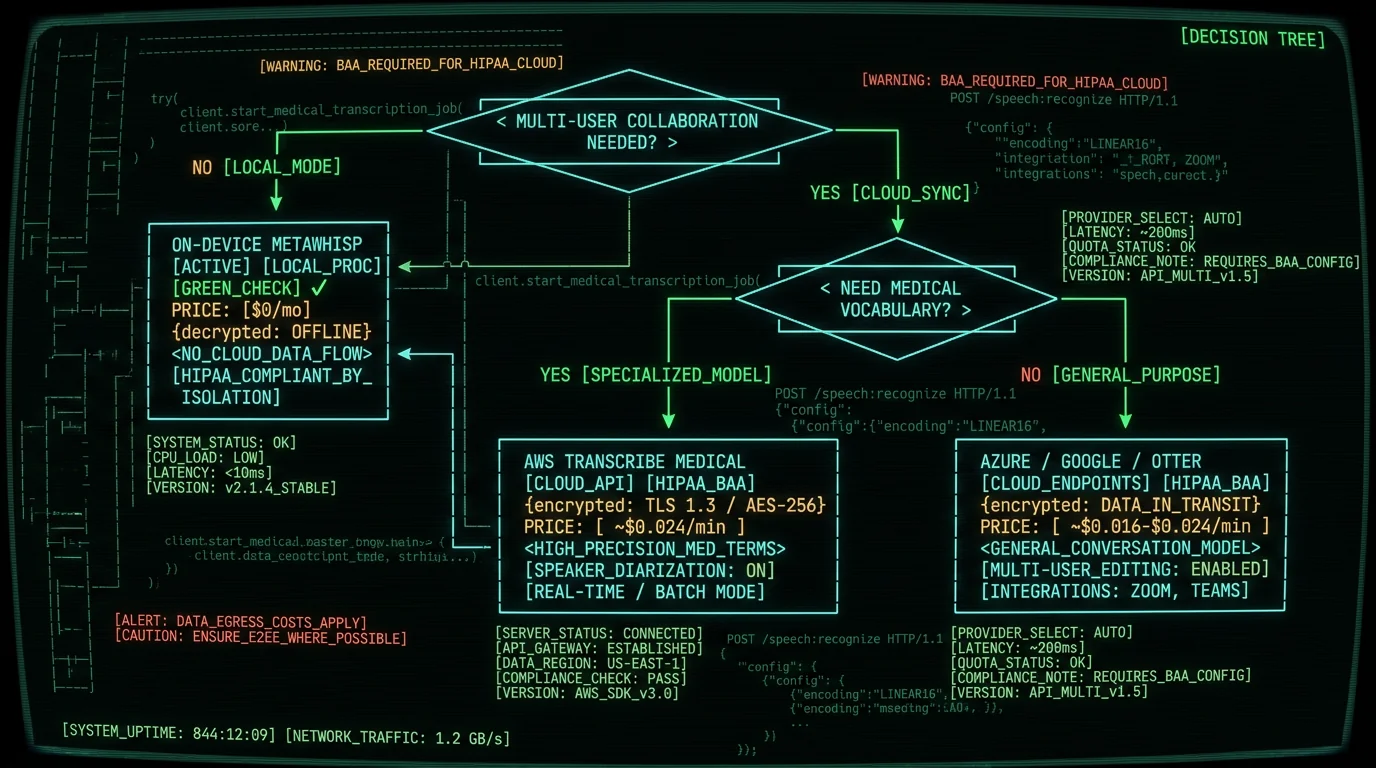 HIPAA-compatible speech-to-text decision tree for Mac users showing on-device versus cloud vendor BAA path based on collaboration and vocabulary needs