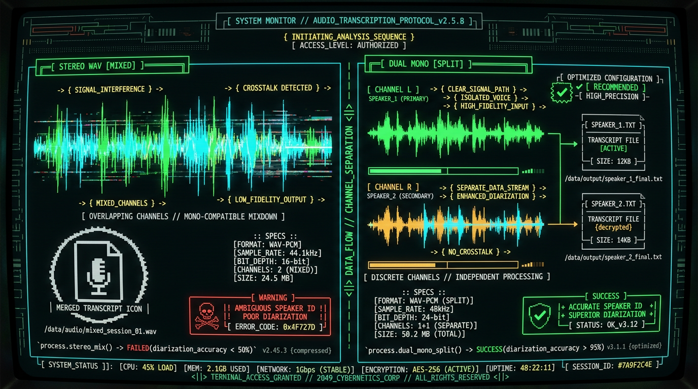Stereo WAV versus dual mono WAV file speaker separation workflow for podcast transcription accuracy