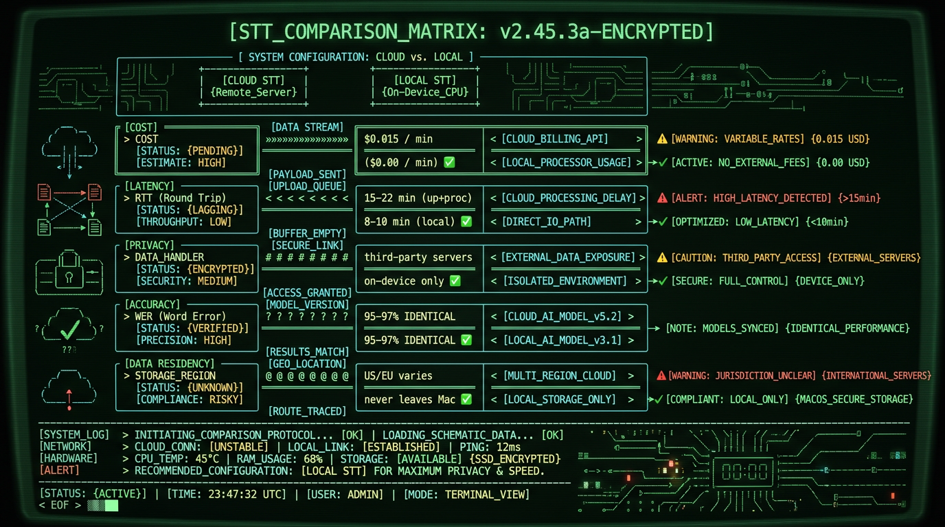 Cloud versus local WAV transcription cost privacy latency accuracy comparison for Mac users