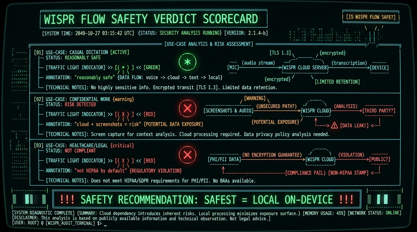 Wispr Flow safety scorecard showing reasonably safe for casual dictation but risky for confidential work and not HIPAA-compatible by default with local on-device as safest setup