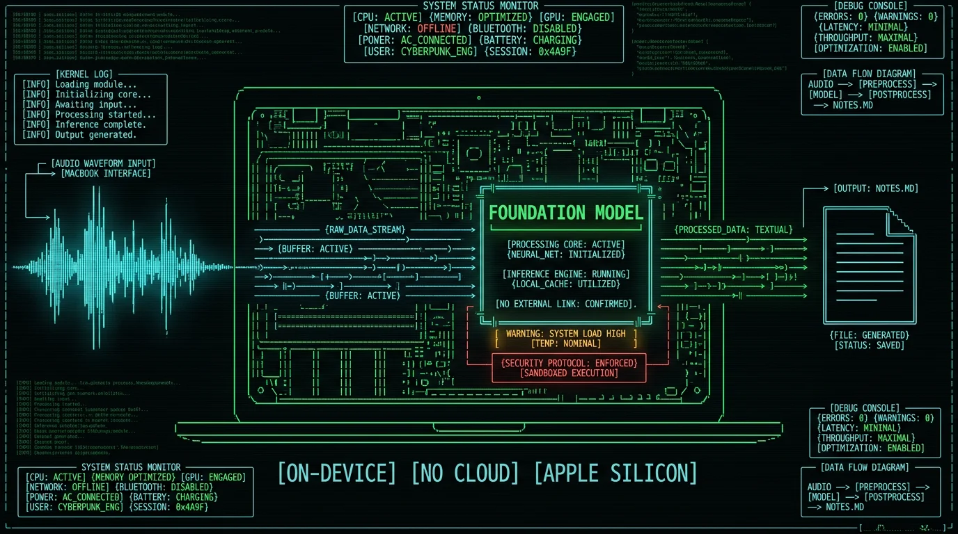 Diagram of a local LLM pipeline running on MacBook for private AI notes, fully on-device