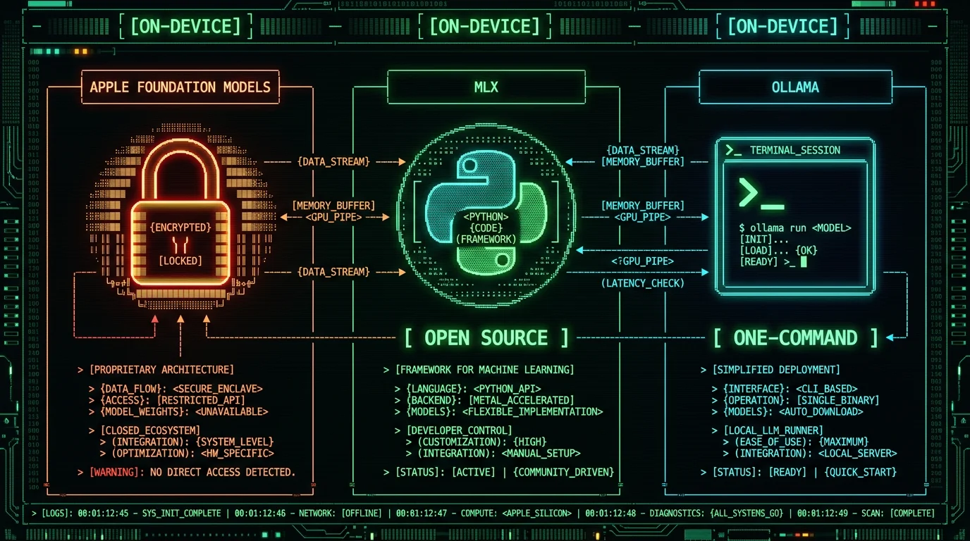 Side-by-side comparison of Apple Foundation Models, MLX framework, and Ollama for running local LLMs on Mac