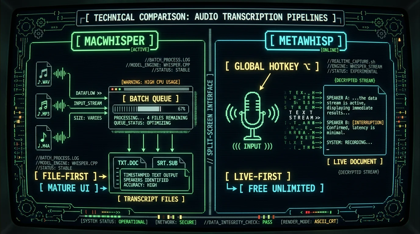 MacWhisper review schematic showing batch file transcription versus live dictation workflow comparison with MetaWhisp