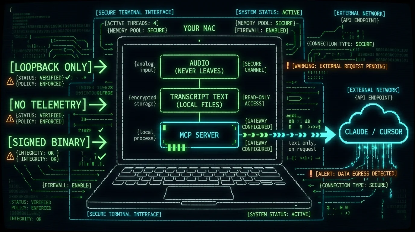 Privacy and security diagram for MetaWhisp MCP server showing local-only audio and on-demand transcript data flow