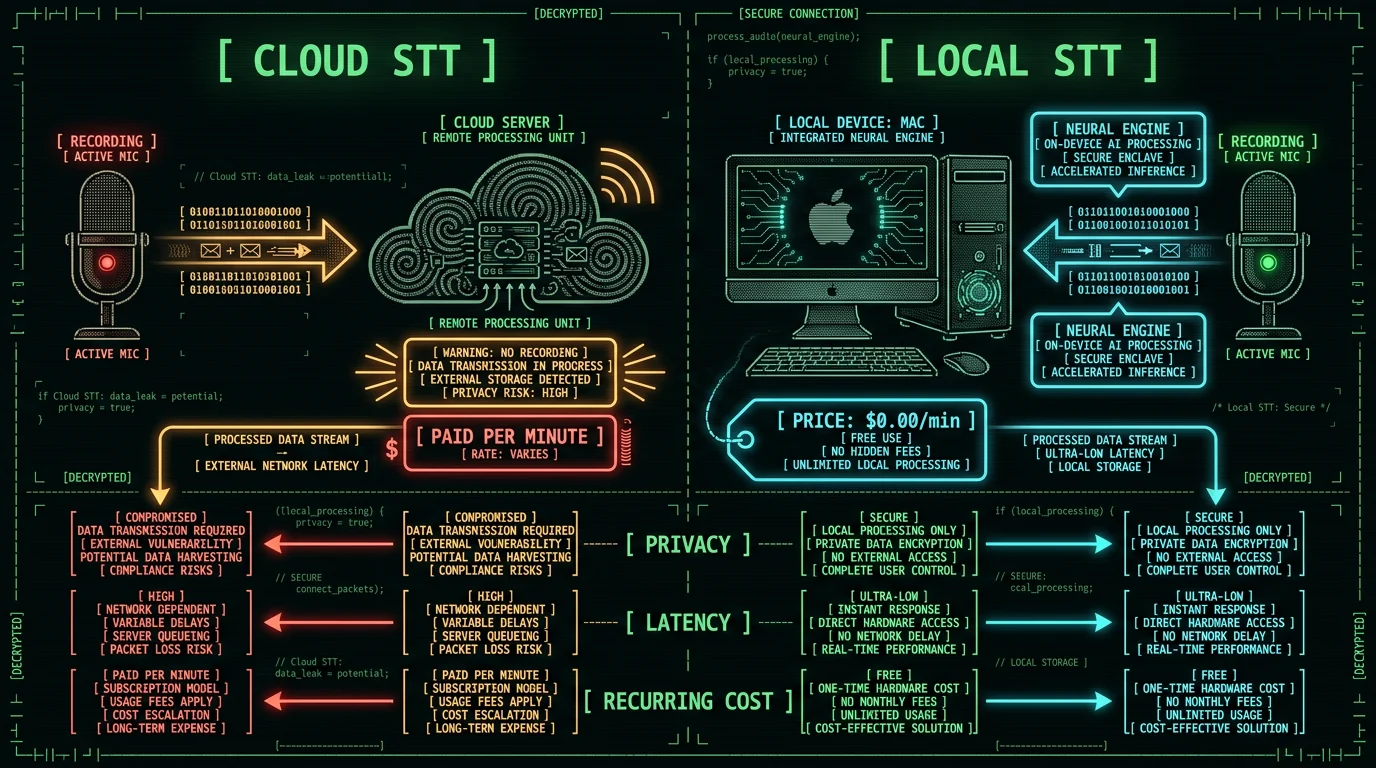 Cloud vs local voice-to-text cost and privacy comparison schematic for MacBook meetings