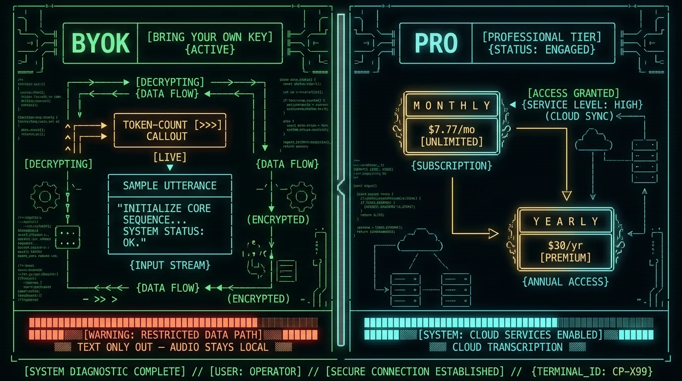 Cost of real-time translation dictation on Mac: BYOK pay-per-token vs Pro flat-fee tiers
