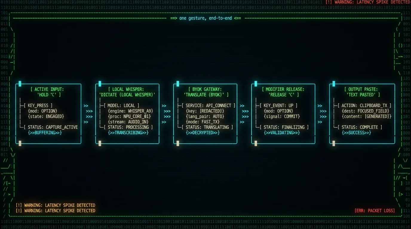 Right Option hotkey workflow for translation dictation on Mac: hold, dictate, translate, release, paste