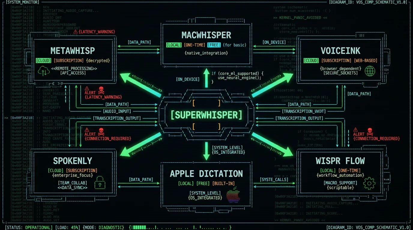 SuperWhisper alternatives comparison diagram for Mac dictation apps in 2026