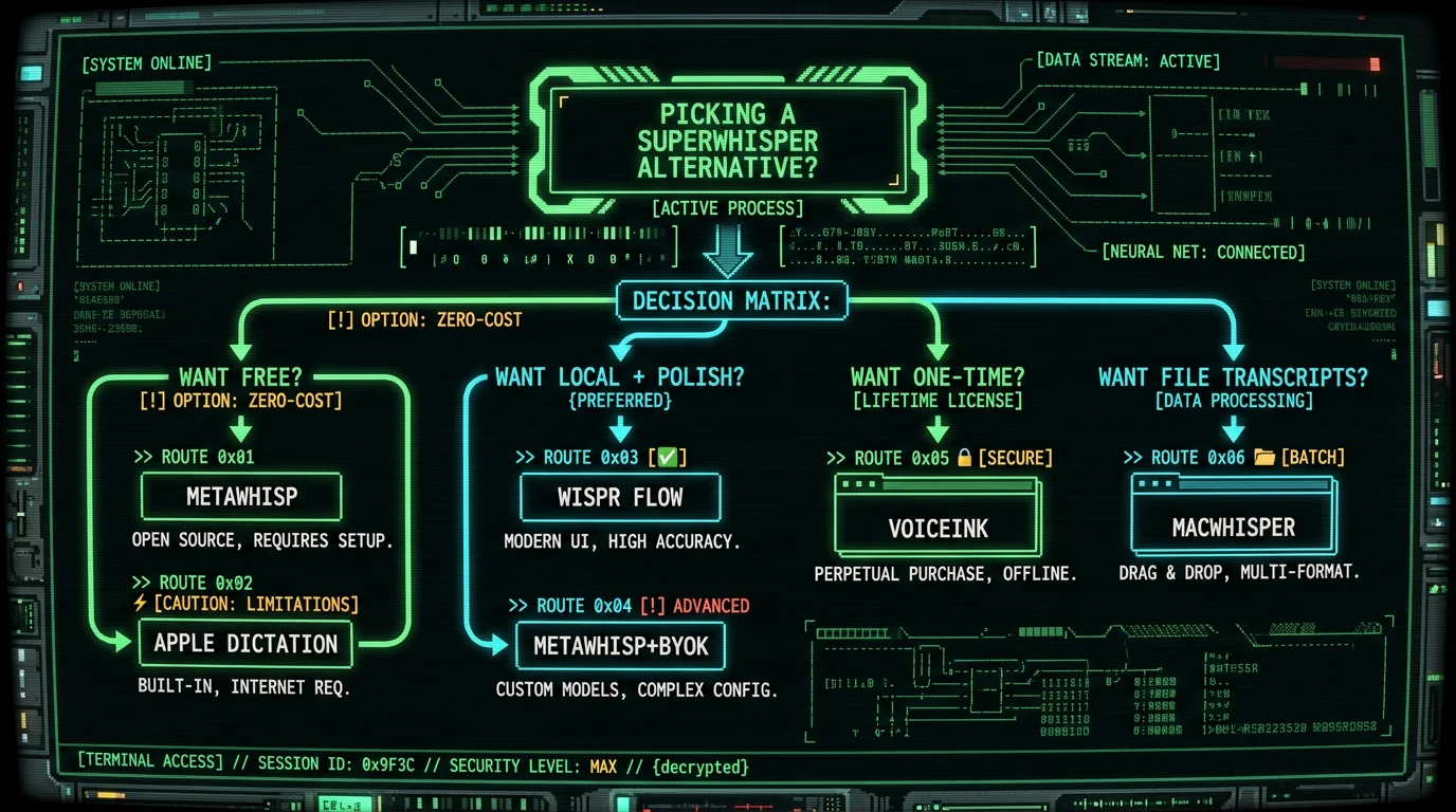 Decision flowchart for choosing between SuperWhisper alternatives on Mac