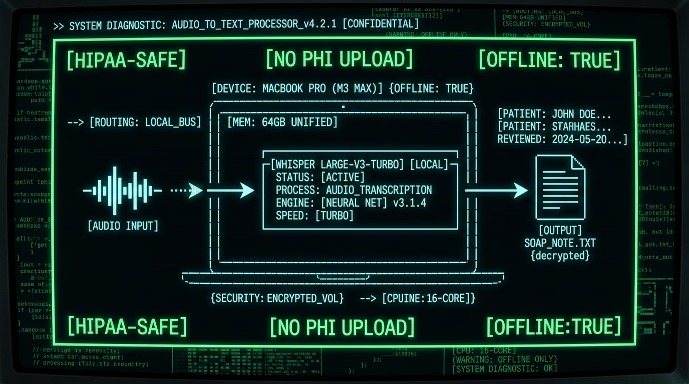 Schematic diagram of HIPAA-compatible on-device Whisper voice-to-text pipeline for therapists on Mac