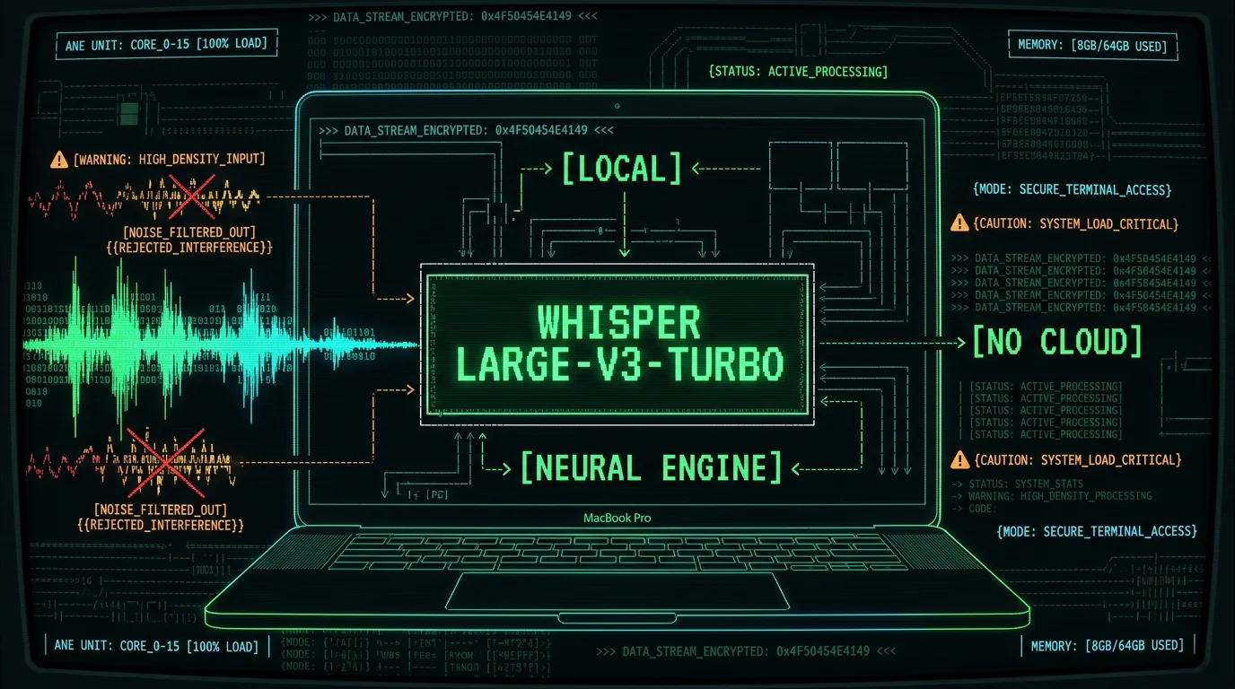 MacBook running Whisper large-v3-turbo locally on the Neural Engine with noise filtering schematic