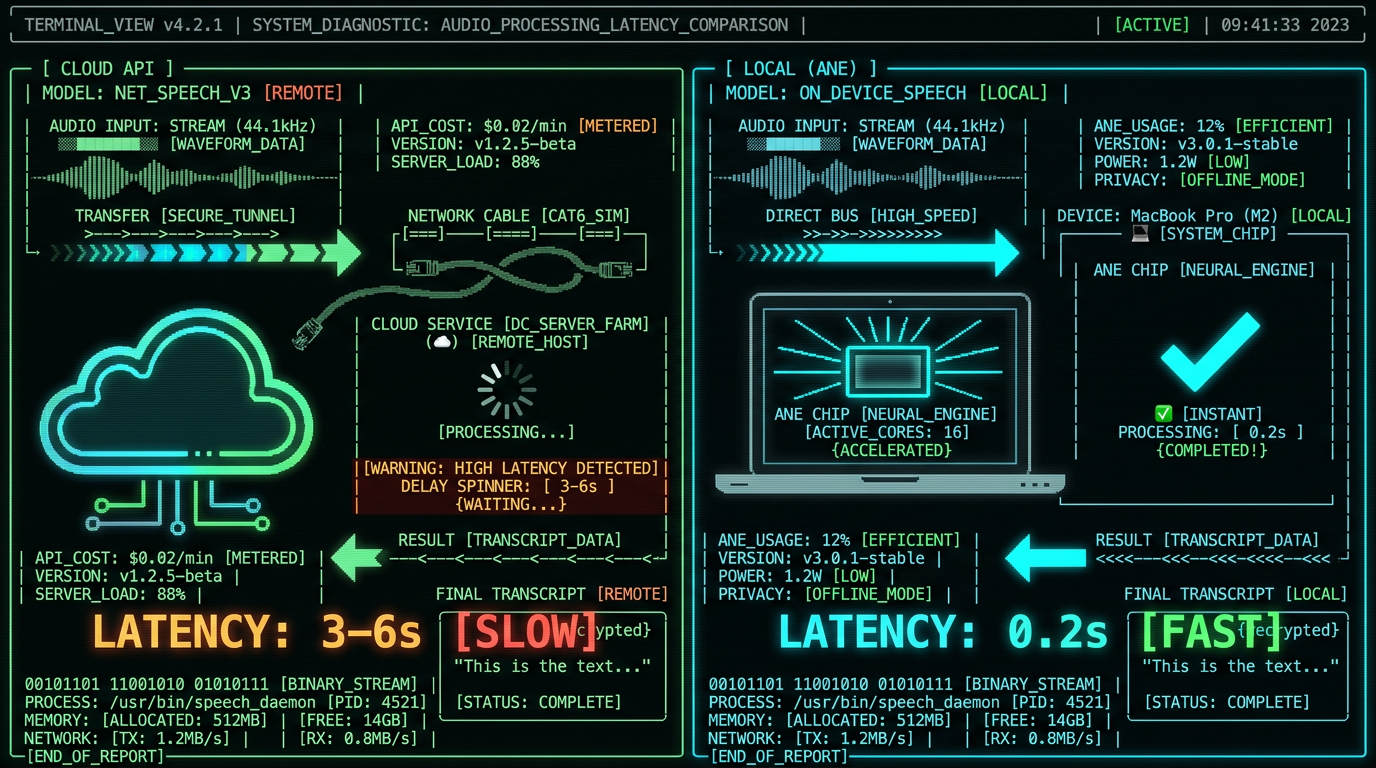 Latency comparison diagram cloud API vs local ANE inference for voice-to-text processing