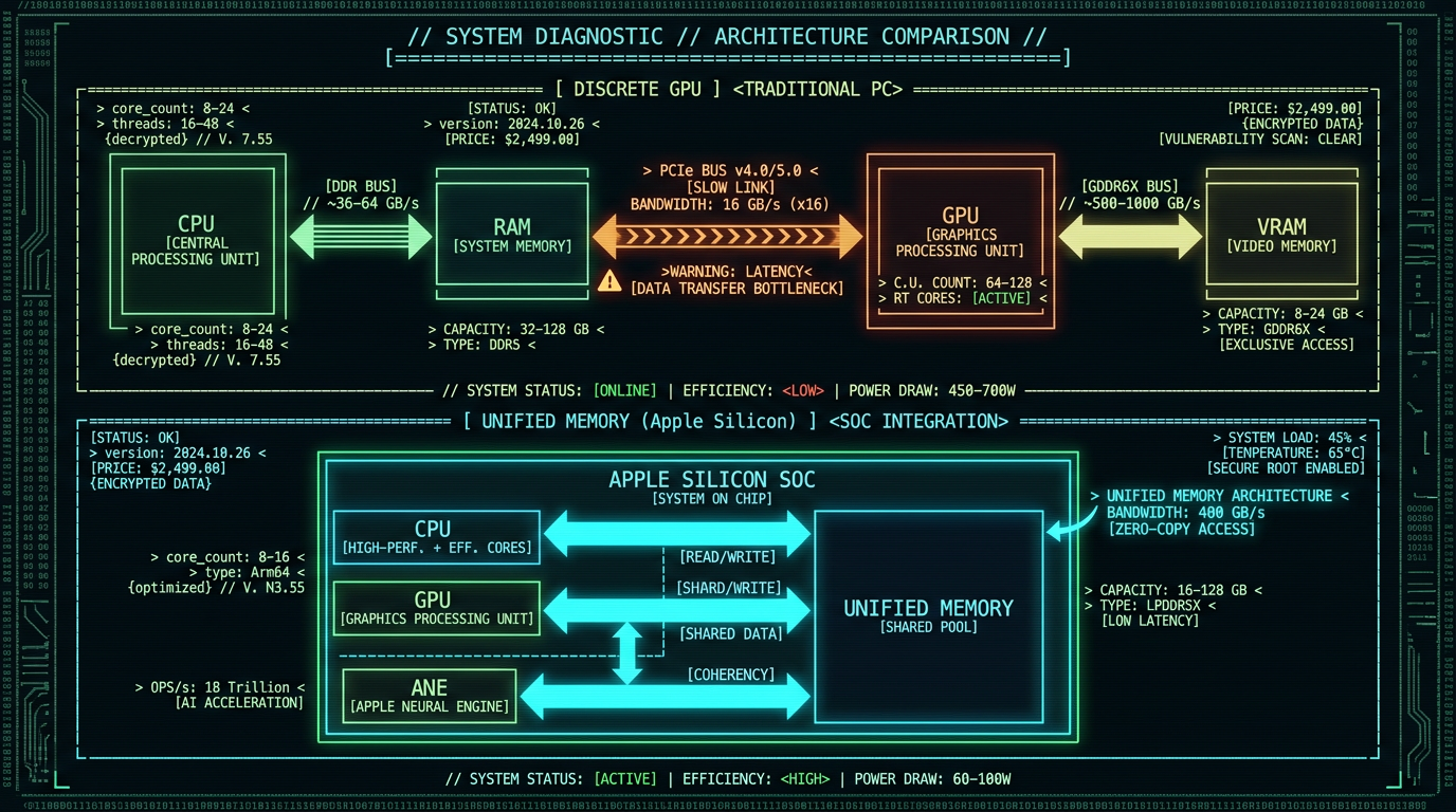 Comparison diagram discrete GPU memory architecture versus Apple Silicon unified memory for AI model inference