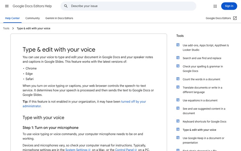 Google Docs Help — Type and edit with your voice