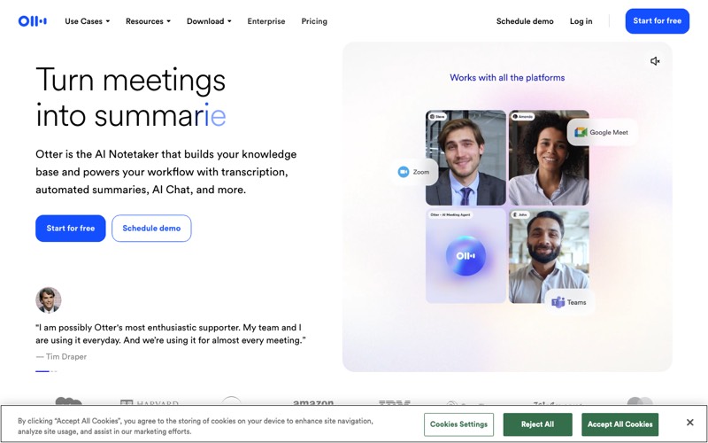 Otter.ai homepage — Turn meetings into summaries