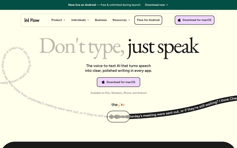 Wispr Flow homepage — Don't type, just speak